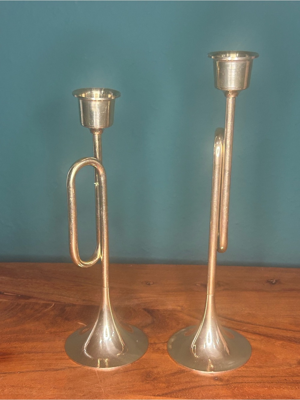 Set of 2 Metallic Brass Trumpet Candle Holders